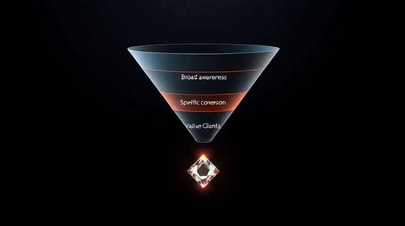 A photorealistic image of a sleek, minimalist funnel diagram, glowing with subtle light, illustrating the flow from broad awareness to specific conversion, with high-value clients represented by shining gems at the bottom. Cinematic lighting, sharp focus, 8K hyper-detailed.