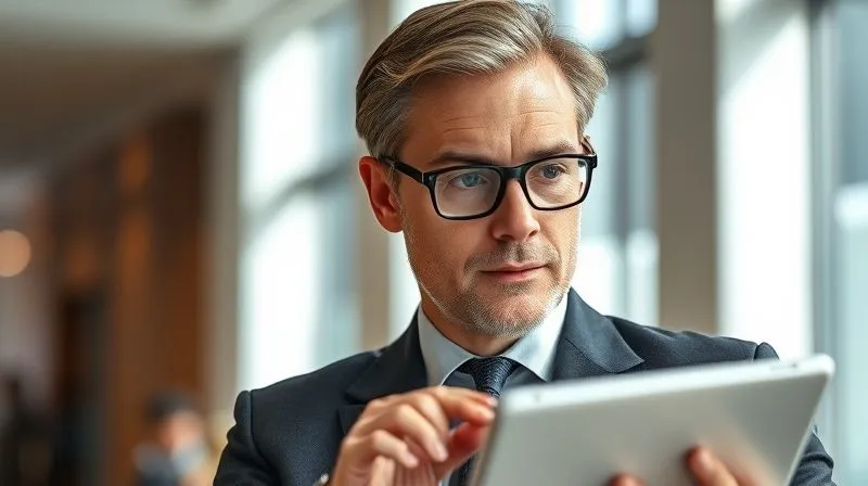 A photorealistic image of a sophisticated business person, perhaps a CEO, with a discerning expression, thoughtfully reviewing data on a tablet in a modern, sunlit office. Their attire is sharp and professional, reflecting high standards and attention to detail. The background is slightly blurred, hinting at a bustling but organized corporate environment. Cinematic lighting highlights their focused gaze, emphasizing intelligence and decision-making. Shot on a high-end DSLR, 8K, sharp focus on the person's face, depth of field blurring the background.