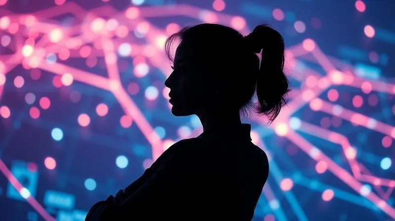 A photorealistic image of a strong, professional female figure, a silhouette against a bright, abstract digital landscape, symbolizing leadership and expertise in the digital realm. Her posture is confident, with subtle light emphasizing her profile and determination. The background features glowing lines and nodes, representing interconnected data and strategic networks. The overall impression is one of a guiding expert, a beacon of knowledge in a complex field. Shot on a high-end DSLR, 8K, cinematic lighting, sharp focus on the silhouette, depth of field blurring the background.