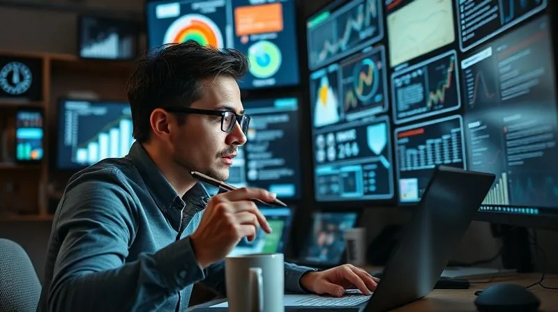 A photorealistic image of a creative professional, possibly a content strategist or writer, engaged in deep thought while surrounded by a visually stimulating digital workspace. Ideas and content outlines are displayed on multiple screens, some showing data, others text. The person is holding a stylized pen, looking intently at a screen, with a cup of coffee nearby. The atmosphere is one of focused creativity and intellectual pursuit, with soft, ambient lighting. Shot on a high-end DSLR, 8K, cinematic lighting, sharp focus on the person and their immediate workspace, depth of field blurring the background elements.
