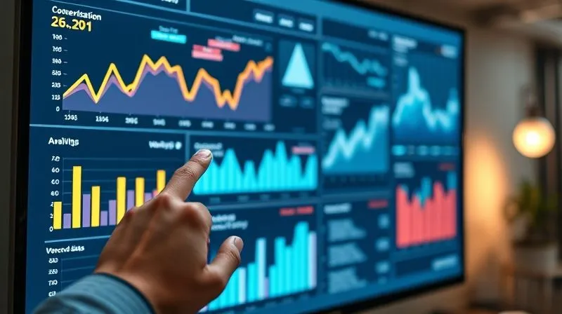 A photorealistic image of a sleek, modern analytics dashboard displayed on a large monitor, with vibrant, interactive charts and graphs showing key performance indicators like website traffic, conversion rates, and keyword rankings. A hand, possibly a data analyst's, is subtly interacting with a touchscreen element on the dashboard, suggesting real-time analysis and action. The lighting is crisp and professional, highlighting the data's clarity and importance. Shot on a high-end DSLR, 8K, cinematic lighting, sharp focus on the dashboard, depth of field blurring a subtle office background.