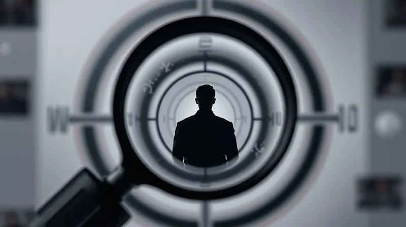 A photorealistic, professional photography image of a magnifying glass focusing on a target with a human silhouette, surrounded by blurred digital noise, cinematic lighting, sharp focus, depth of field, 8K hyper-detailed, shot on a high-end DSLR.