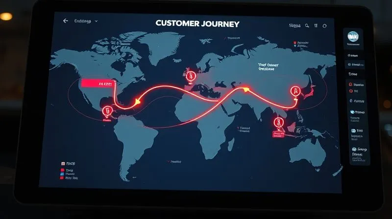 A photorealistic image of a customer journey map on a digital interface, showing different stages with subtle, glowing arrows indicating optimal points for relevant cross-sell offers. The map is clean and intuitive, with cinematic lighting highlighting key touchpoints, 8K hyper-detailed, shot on a high-end DSLR.