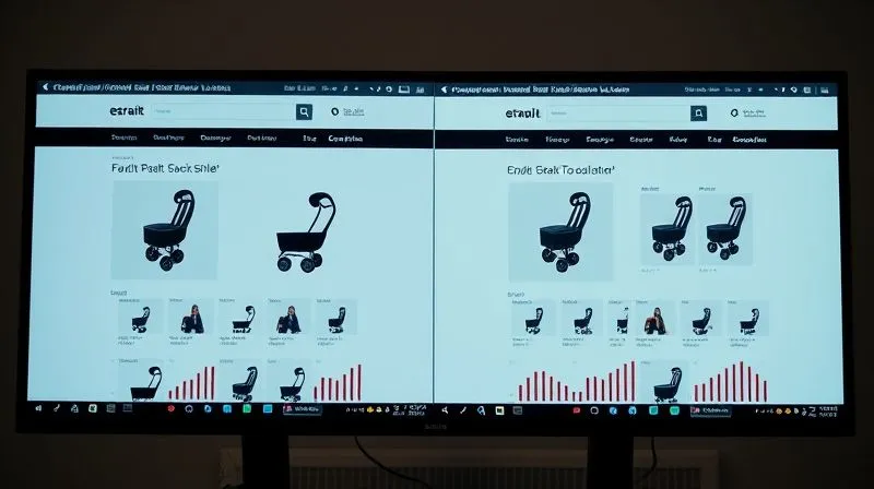 A photorealistic image of a split screen displaying two different versions of an e-commerce product page, labeled A and B, with subtle visual cues indicating A/B testing in progress. Data analytics graphs are overlaid, showcasing performance metrics for each version. Cinematic lighting, 8K hyper-detailed, shot on a high-end DSLR.