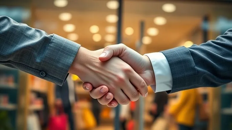 A photorealistic image of two hands shaking, symbolizing trust and a strong business relationship, against a blurred background of a successful e-commerce storefront. The handshake is firm and genuine, with soft, cinematic lighting, conveying mutual respect and long-term partnership, 8K hyper-detailed, shot on a high-end DSLR.