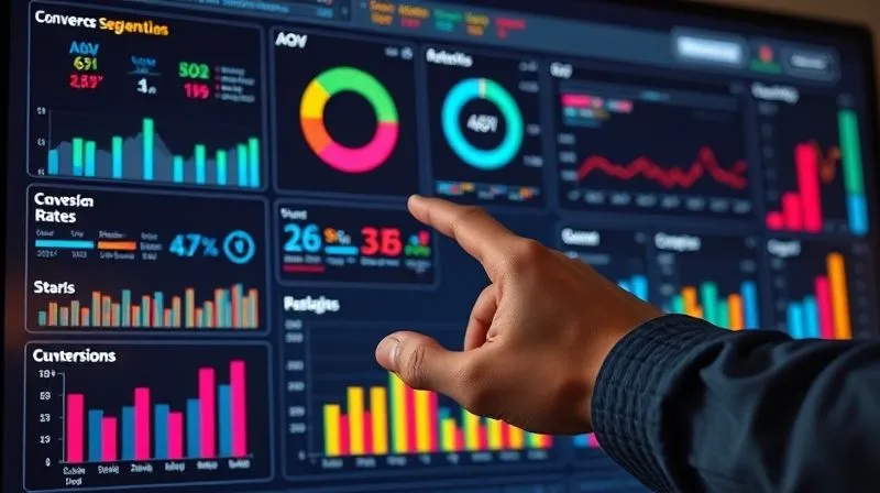 A photorealistic image of a professional data analyst's hands pointing at a complex, vibrant dashboard displaying various e-commerce metrics like AOV, conversion rates, and customer segmentation. The screen shows detailed graphs and charts with a sharp focus on the data, cinematic lighting, 8K hyper-detailed.
