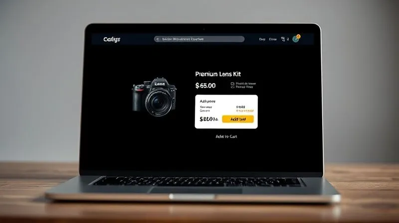 A photorealistic image of a sleek e-commerce product page interface on a laptop screen, with a prominent, well-designed upsell offer box clearly visible near the 'Add to Cart' button. The product is a high-end camera, and the upsell is for a premium lens kit. Cinematic lighting, sharp focus on the screen, depth of field, 8K hyper-detailed.