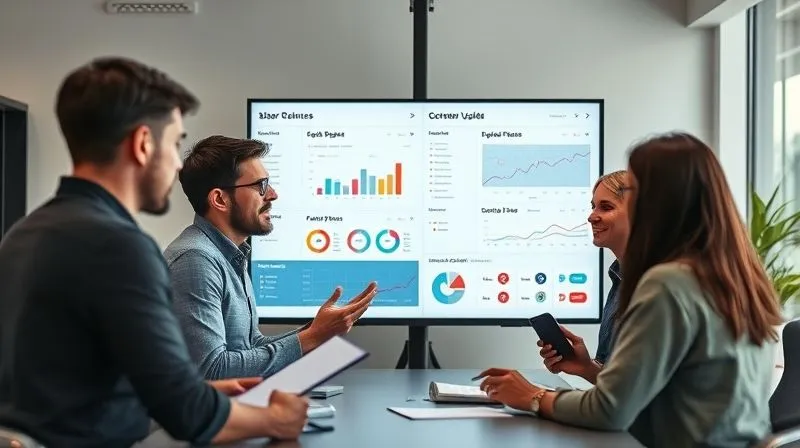 A photorealistic image of a diverse e-commerce team in a modern office, collaborating around a large screen displaying automated upsell campaign dashboards and customer segmentation data. One team member is explaining a strategy, while others are taking notes. Cinematic lighting, sharp focus on the team and screen, depth of field, 8K hyper-detailed.