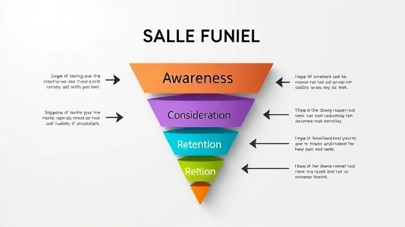 A photorealistic infographic showing a simplified sales funnel with stages like 'Awareness', 'Consideration', 'Decision', and 'Retention', with arrows indicating client flow. Professional, clean design, cinematic lighting, sharp focus, 8K hyper-detailed.