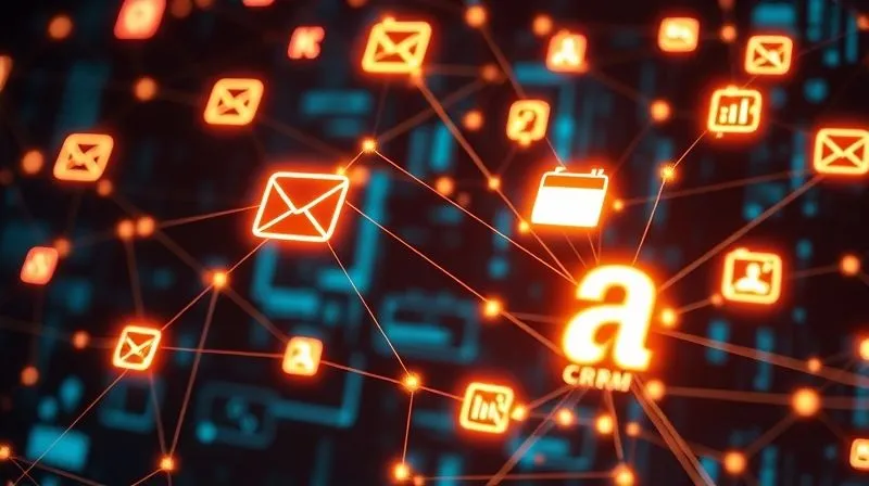 A photorealistic intricate network of digital tools, represented by glowing icons (email, CRM, calendar, analytics), interconnected by lines of data flow, against a futuristic digital background. Cinematic lighting, sharp focus on the connections, 8K hyper-detailed.