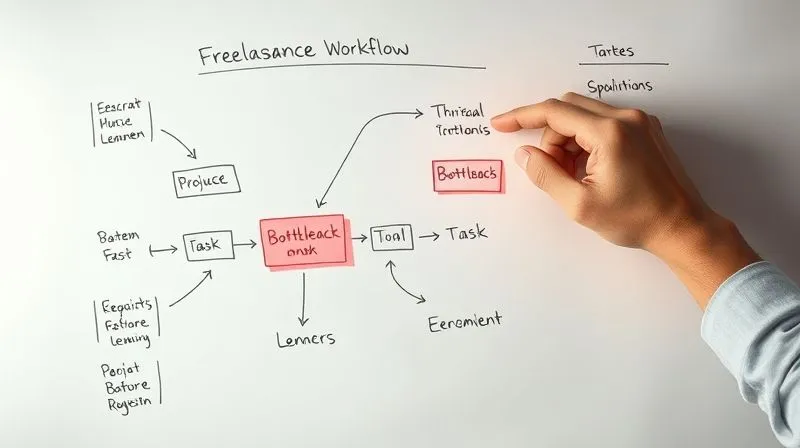 A photorealistic diagram on a whiteboard showing a complex freelance project workflow, with arrows indicating task flow and highlighted red areas representing bottlenecks. A hand is pointing to a specific bottleneck, suggesting analysis. Cinematic lighting, sharp focus, 8K hyper-detailed, professional photography.