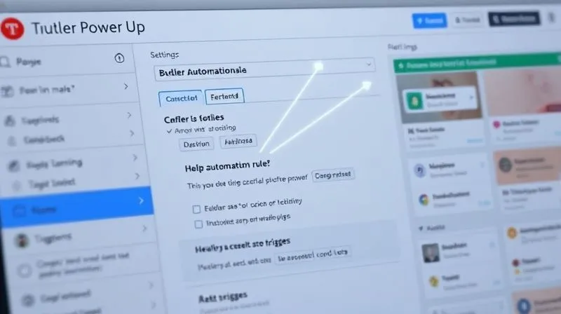 A photorealistic close-up of a Trello board interface, with the Butler Power-Up settings open, showing a complex automation rule being configured with a series of actions and triggers. Glowing lines connect the rule to various cards and lists. Cinematic lighting, sharp focus on the interface, 8K hyper-detailed, professional photography.