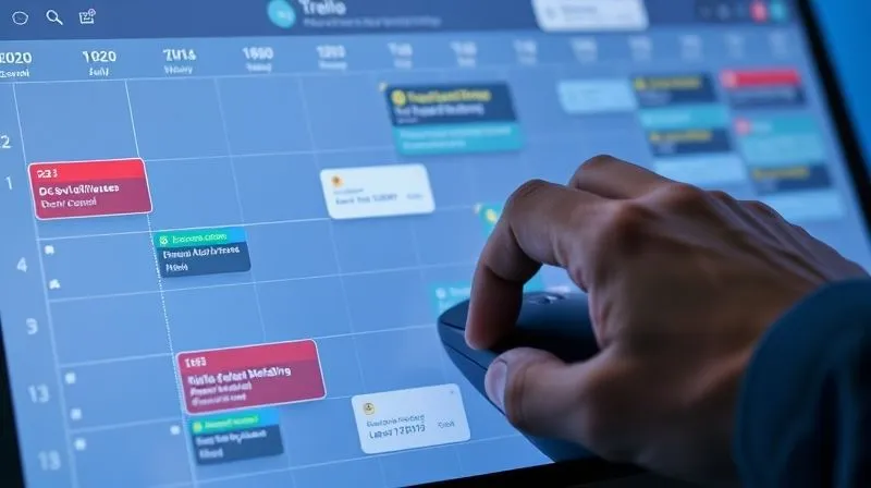 A photorealistic image of a digital calendar overlayed with a Trello board, showing color-coded deadlines and automated notifications popping up. The freelancer's hand is hovering over a mouse, indicating active management. Cinematic lighting, sharp focus, 8K hyper-detailed, professional photography.