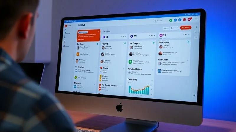 A photorealistic image of a freelancer's dashboard on a computer screen, displaying a simplified Trello board with clearly color-coded lists for project status (e.g., 'To Do', 'In Progress', 'Awaiting Client', 'Done'). A small, clean bar chart shows project completion rates over time. Cinematic lighting, sharp focus on the screen, 8K hyper-detailed, professional photography.