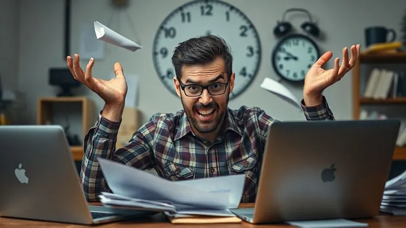 A photorealistic image of a stressed freelancer juggling multiple tasks, surrounded by open laptops and papers, with a clock ticking rapidly in the background. Cinematic lighting, sharp focus on the freelancer's frustrated expression, depth of field, 8K hyper-detailed, professional photography.