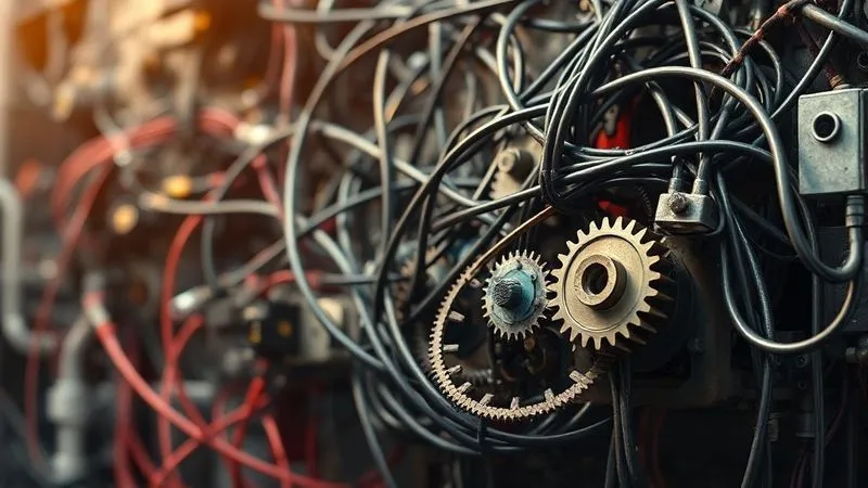 A photorealistic image of a complex, tangled web of wires and disconnected gears, symbolizing an overly complicated or poorly implemented automation system. There's a subtle sense of frustration or inefficiency. Cinematic lighting, sharp focus on the tangled mess, depth of field, 8K hyper-detailed, professional photography.