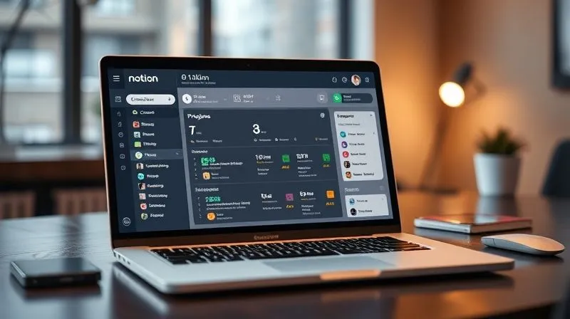 Photorealistic image of a highly organized Notion dashboard on a laptop screen, showing interconnected databases for 'Clients', 'Projects', and 'Tasks'. The interface is clean and intuitive, with clear labels and progress bars. Cinematic lighting, sharp focus on the dashboard, depth of field blurring a modern, minimalist desk background, 8K hyper-detailed, shot on a high-end DSLR.