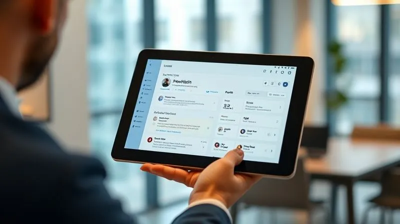 Photorealistic image of a sleek Notion client portal on a tablet screen, showing a clean interface with project progress, a section for feedback comments, and attached files. The tablet is held by a professional-looking hand, with a blurred background of a modern office setting. Cinematic lighting, sharp focus on the tablet screen, depth of field, 8K hyper-detailed, shot on a high-end DSLR.