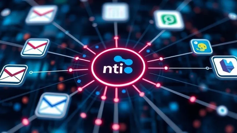 Photorealistic image illustrating a complex digital workflow. In the center, a stylized Notion logo with glowing lines extending outwards, connecting to other app logos like Gmail, Slack, Google Calendar, and a CRM icon. The connections are seamless and represent data flow. Cinematic lighting, sharp focus on the interconnected apps, depth of field blurring a tech-themed background, 8K hyper-detailed, shot on a high-end DSLR.