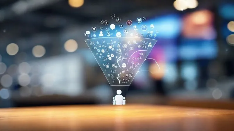 A photorealistic diagram of a complex marketing funnel, starting wide at the top with many small lead icons, narrowing down to fewer, larger client icons at the bottom. Each stage of the funnel is clearly labeled with actions like 'Discovery', 'Engagement', 'Nurturing', and 'Conversion', depicted with smooth, flowing arrows and subtle digital glow. Cinematic lighting, sharp focus on the flow, depth of field blurring the background, 8K hyper-detailed, professional photography, shot on a high-end DSLR.