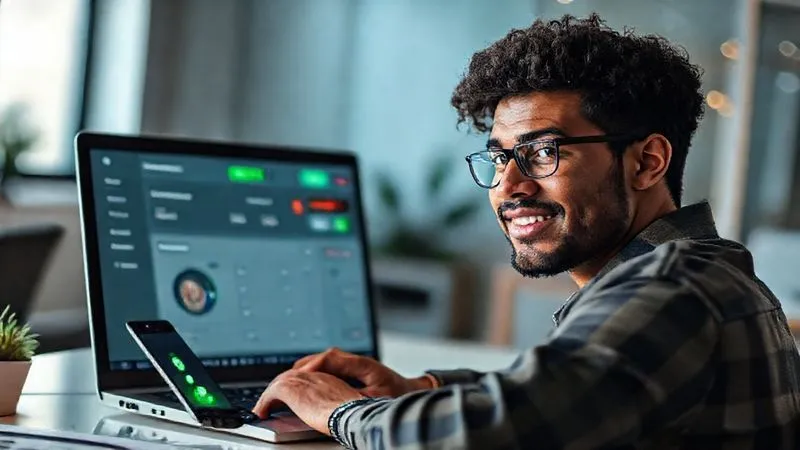 A photorealistic image of a freelancer looking confidently at a laptop screen, which displays a CRM dashboard with green indicators showing 'Lead Hot' and 'Ready for Contact'. Next to the laptop, there's a smartphone with a call icon, suggesting a human interaction. The background is a modern, clean workspace, with soft, inviting cinematic lighting. Sharp focus on the freelancer's face and the screen, depth of field blurring the office elements. 8K hyper-detailed, professional photography, shot on a high-end DSLR.