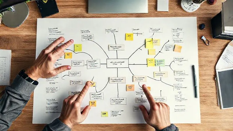 A photorealistic, professional photography image from a top-down view of a desk with a detailed workflow map drawn on a whiteboard or large paper with sticky notes, connecting various tasks and processes. Hands (representing the freelancer) are pointing to bottlenecks. The scene is well-lit with cinematic lighting, sharp focus on the map, depth of field blurring the background, 8K hyper-detailed, shot on a high-end DSLR. The overall mood is analytical and strategic.