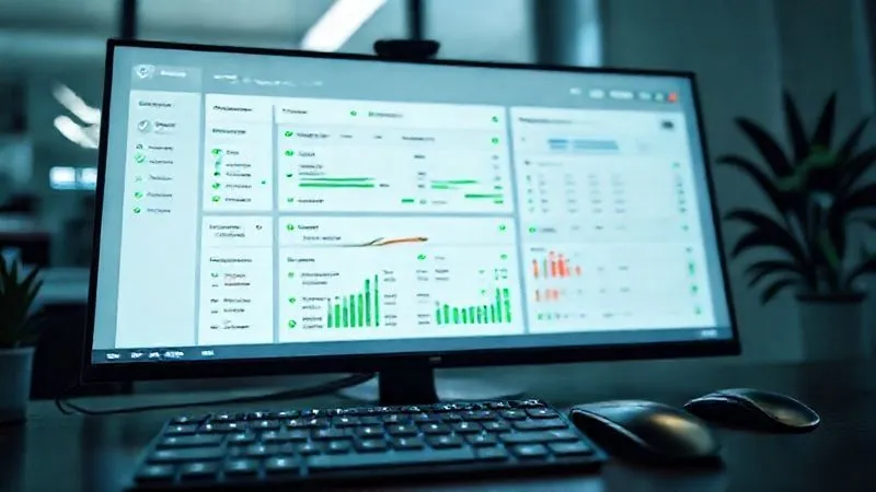 A photorealistic image of a sleek, modern project management dashboard on a large monitor, displaying various tasks, deadlines, and progress bars. The interface is clean and intuitive, with green checkmarks indicating completed tasks. In the foreground, a minimalist keyboard and mouse suggest a user in control. Cinematic lighting, sharp focus on the dashboard, depth of field blurring the background, 8K hyper-detailed, professional photography, shot on a high-end DSLR. The mood is one of efficiency and clarity.