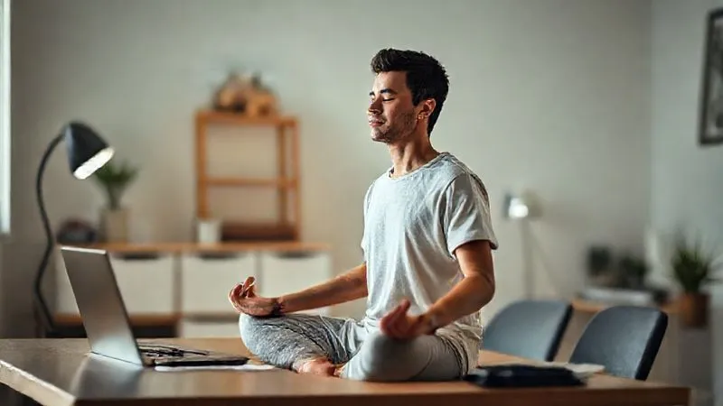A photorealistic image of a freelancer meditating calmly in a well-lit, minimalist home office, with a laptop visible but closed on the desk. The atmosphere is serene, emphasizing mental well-being and balance. A subtle glow around the freelancer suggests inner peace. Cinematic lighting, sharp focus on the freelancer, depth of field blurring the background, 8K hyper-detailed, professional photography, shot on a high-end DSLR. The mood is tranquil and empowering.