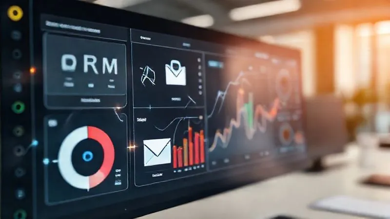 A photorealistic image of a digital dashboard displaying various interconnected business applications (CRM, Project Management, Email Marketing, Accounting), with lines of data flowing seamlessly between them. The dashboard should have a clean, modern UI, with subtle glowing accents indicating active automation. Professional photography, 8K, cinematic lighting, sharp focus on the interconnectedness, depth of field blurring a generic office background.