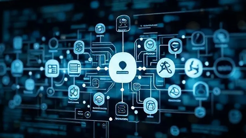A photorealistic image of a complex but visually clear digital workflow diagram, showing arrows connecting icons of different software applications like Typeform, Pipedrive, ActiveCampaign, and Asana. The diagram should illustrate the flow of data and automated actions. Professional photography, 8K, cinematic lighting, sharp focus on the interconnected icons and data paths, with a subtle depth of field. The overall feel should be one of seamless digital orchestration.