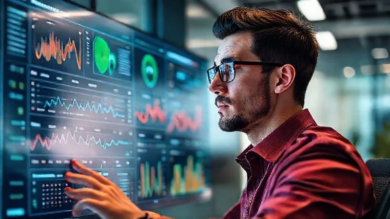 A photorealistic image of a freelancer looking at a sleek, futuristic dashboard with real-time data analytics and performance metrics of automated workflows. The freelancer has a thoughtful, confident expression, indicating optimization and control. Professional photography, 8K, cinematic lighting, sharp focus on the data visualizations, with a subtle depth of field blurring a modern office setting. The overall mood should convey strategic oversight and continuous improvement.