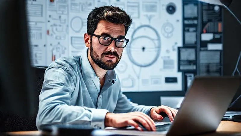 A photorealistic image of a freelancer at a desk, looking slightly overwhelmed by too many open tabs and complex diagrams, symbolizing 'analysis paralysis'. However, a subtle ray of light breaks through, highlighting a single, clear path or a 'start' button. Professional photography, 8K, cinematic lighting, sharp focus on the overwhelmed expression and the complex screen, with a shallow depth of field. The image should evoke the challenge but also hint at a solution.