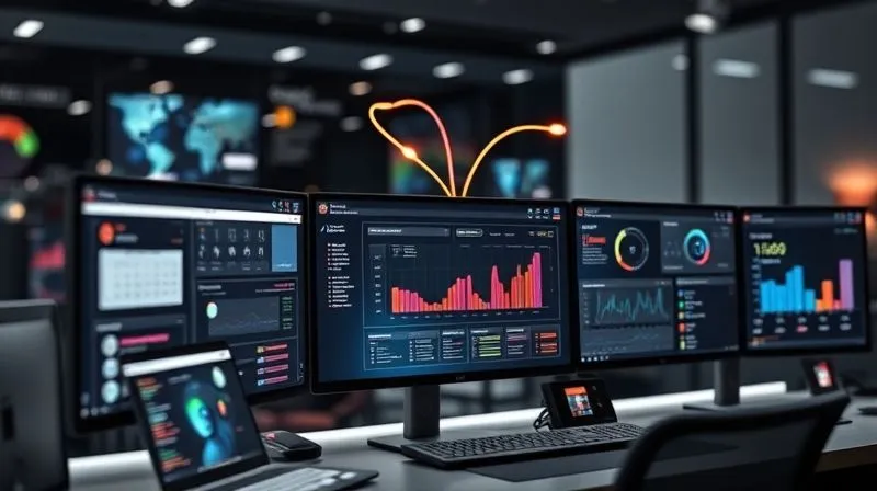 A photorealistic image of a sleek, modern workstation with multiple screens displaying various productivity and automation apps (e.g., calendar, CRM, project management dashboards) interconnected with glowing lines, symbolizing seamless integration. Cinematic lighting, sharp focus on the central screen, depth of field blurring the background, 8K hyper-detailed, professional photography.