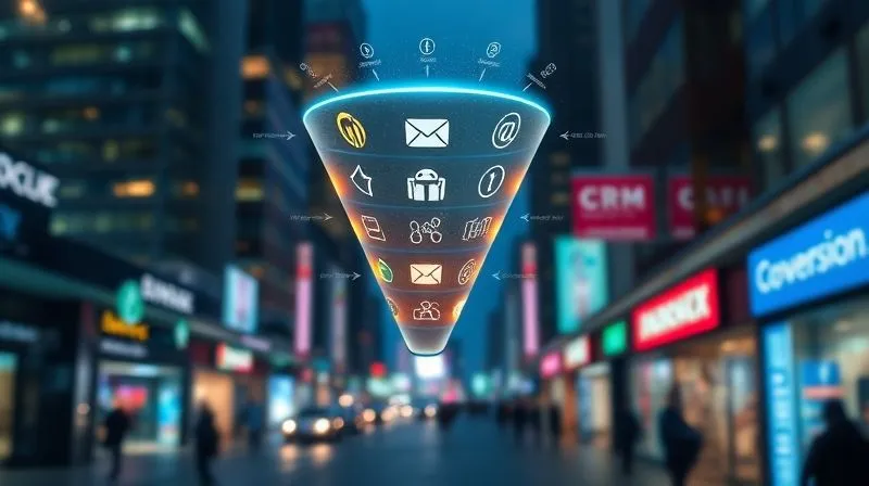 A photorealistic image of a digital marketing funnel, with glowing data flowing smoothly from 'Awareness' at the top to 'Conversion' at the bottom, represented by various automated tools like email icons, social media logos, and CRM interfaces. Cinematic lighting, sharp focus on the flow of information, depth of field blurring a background of a busy city, 8K hyper-detailed, professional photography, symbolizing efficiency and continuous lead generation.