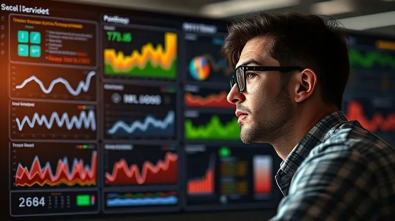 A photorealistic image of a freelancer looking thoughtfully at a complex dashboard with various charts and graphs, representing data analysis and optimization of automated workflows. The freelancer has a determined and analytical expression. Cinematic lighting, sharp focus on the data visualization, depth of field blurring the background of a modern office, 8K hyper-detailed, professional photography, conveying continuous improvement and strategic thinking.