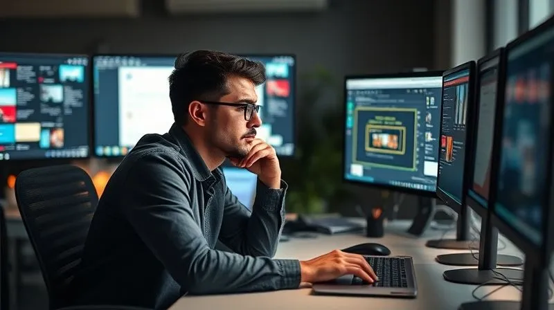 A photorealistic image of a freelancer, a person with a thoughtful expression, sitting at a modern desk with multiple digital screens showing various tasks like email, social media, and project management, symbolizing the overwhelm of manual prospecting. The lighting is soft and warm, conveying a sense of challenge and contemplation. Cinematic lighting, sharp focus, depth of field, 8K hyper-detailed, professional photography, shot on a high-end DSLR.