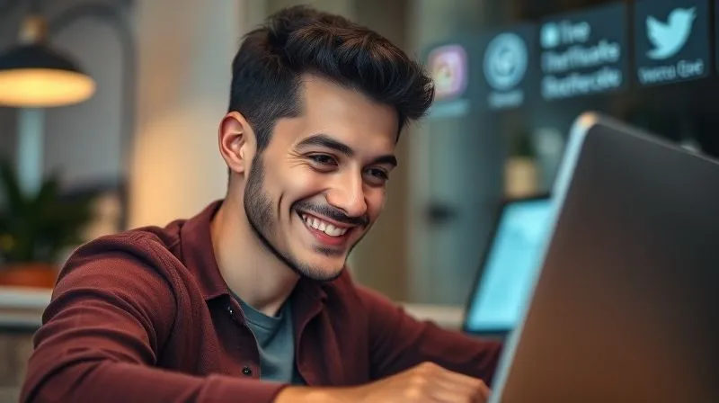 A photorealistic image of a freelancer, a young man, smiling genuinely while looking at a laptop screen, actively engaging in a video call or responding to comments on social media. In the background, subtle digital elements like notification icons and social media logos are blurred, emphasizing the human interaction. Cinematic lighting, sharp focus, depth of field, 8K hyper-detailed, professional photography, shot on a high-end DSLR.