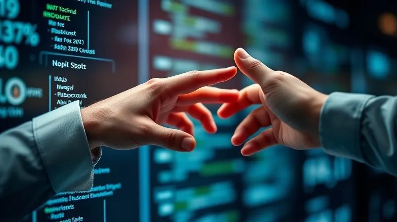 A photorealistic image of a freelancer's hand reaching out from a digital screen, metaphorically connecting with another human hand, symbolizing the moment human intervention takes over from automation in a professional context. The background shows blurred data streams and technological elements. Cinematic lighting, sharp focus, depth of field, 8K hyper-detailed, professional photography, shot on a high-end DSLR.