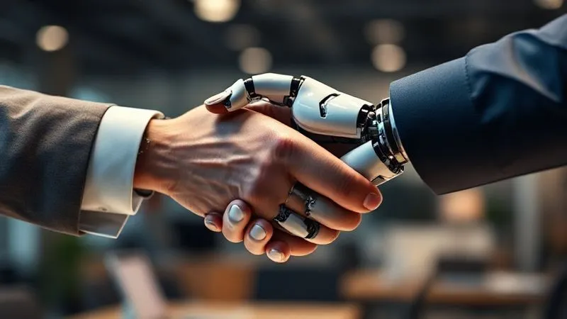 Photorealistic, professional photography, 8K, cinematic lighting, sharp focus, depth of field, shot on a high-end DSLR. A close-up of two hands, one human and one subtly robotic (with gentle, almost human-like features), shaking firmly, symbolizing the synergy between human touch and automation in a professional setting. The background is a softly blurred office environment.