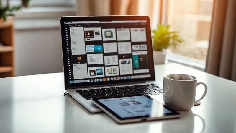 A photorealistic image of a freelancer's desk, showcasing a laptop screen with various productivity and automation apps open (e.g., project management, email, calendar, accounting software interfaces), a tablet showing a creative design, and a steaming coffee mug. The desk is clean and organized, with soft, natural light coming from a window. Cinematic lighting, sharp focus on the digital interfaces, depth of field blurring the background, 8K hyper-detailed, professional photography, shot on a high-end DSLR.