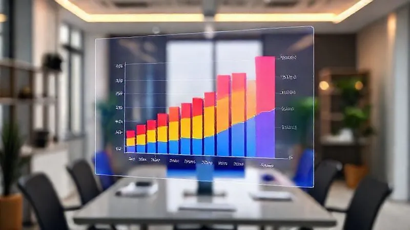 A photorealistic image of a vibrant, multi-colored bar chart showing significant growth in a freelancer's income and reduction in administrative hours over time, projected onto a holographic screen. The background is a modern, minimalist office with cinematic lighting. Sharp focus on the data visualization, depth of field blurring the office, 8K hyper-detailed, professional photography, shot on a high-end DSLR.