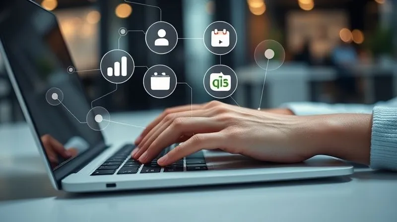 A photorealistic close-up of a freelancer's hands typing on a sleek laptop, with various app icons (like Mailchimp, Asana, Calendly, QuickBooks) subtly glowing and interconnected around the screen, illustrating seamless automation. Cinematic lighting, sharp focus on the hands and screen, depth of field blurring a modern office background. 8K hyper-detailed, professional photography.