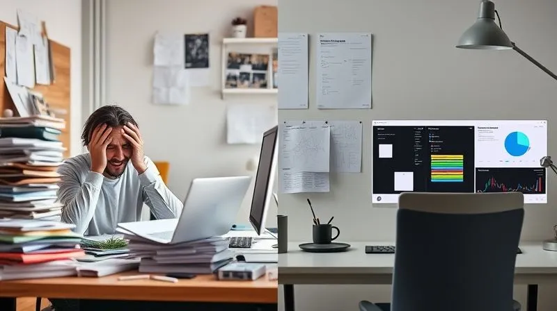 A photorealistic split image: on one side, a stressed freelancer at a messy desk with piles of papers; on the other, the same freelancer smiling, relaxed, working efficiently at a clean, minimalist desk with a digital dashboard showing automated tasks. Cinematic lighting, sharp focus on the contrast, depth of field. 8K hyper-detailed, professional photography.