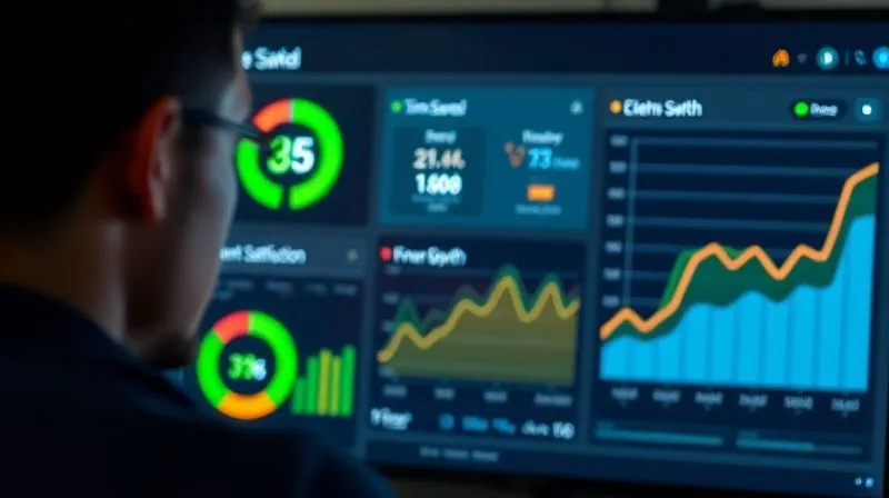 A photorealistic digital dashboard displaying various metrics: 'Time Saved' (large green number), 'Error Rate' (small red number), 'Client Satisfaction' (positive graph), and 'Revenue Growth' (upward trending line). The dashboard is clean, modern, and glows subtly. Cinematic lighting, sharp focus on the data, depth of field blurring a background of a freelancer thoughtfully looking at the screen. 8K hyper-detailed, professional photography.