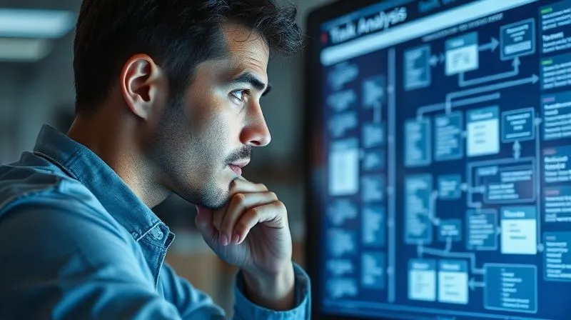 Photorealistic image of a freelancer looking thoughtfully at a complex flowchart on a digital screen, symbolizing task analysis. Cinematic lighting, sharp focus, 8K.
