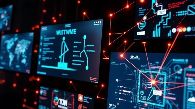 A photorealistic image of multiple digital screens interconnected with glowing lines, symbolizing seamless automation of different software applications. Cinematic lighting, 8K, sharp focus on the interconnectedness.