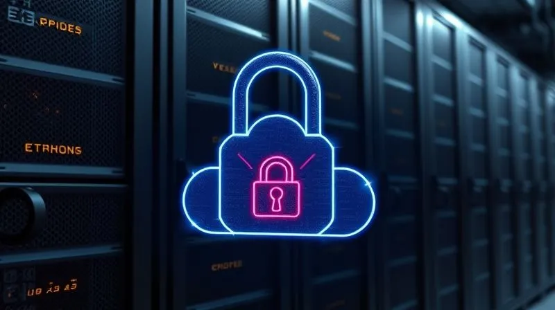 Photorealistic image of a secure digital padlock icon overlaid on a cloud server rack, symbolizing automated data backup and security. Dark, professional aesthetic, cinematic lighting, 8K, sharp focus.