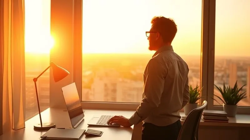 A photorealistic image of a freelancer standing confidently at a desk, looking out a window at a bright, clear horizon, symbolizing freedom from overwhelm and a clear path forward. Sunrise lighting, professional photography, 8K.