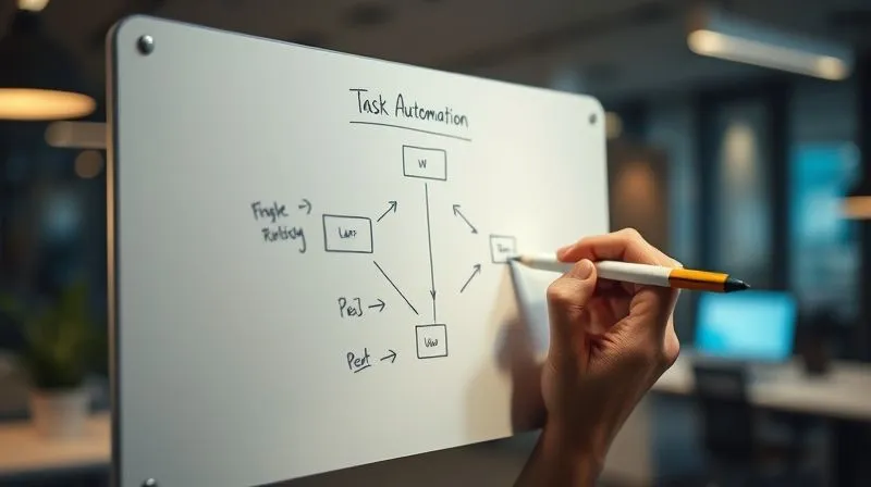 A photorealistic image of a freelancer's hand using a pen to draw a clear, simple flowchart on a white board, illustrating a task automation process with arrows and boxes, cinematic lighting, sharp focus on the hand and diagram, depth of field blurring a modern office background, 8K hyper-detailed, professional photography, shot on a high-end DSLR.