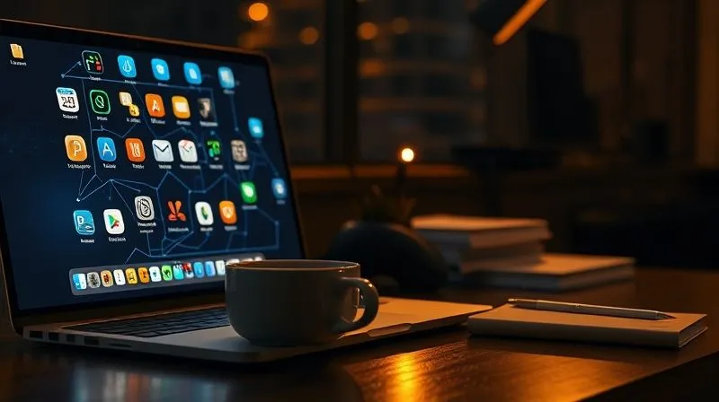 A photorealistic, highly detailed image of a freelancer's desk at night, illuminated by a warm glow from a laptop screen. On the screen, various interconnected app icons (email, calendar, project management, finance) are displayed, symbolizing seamless automation. A cup of coffee and a notebook are neatly arranged. Cinematic lighting, sharp focus on the screen and desk items, with a soft depth of field. 8K hyper-detailed, professional photography, shot on a high-end DSLR.